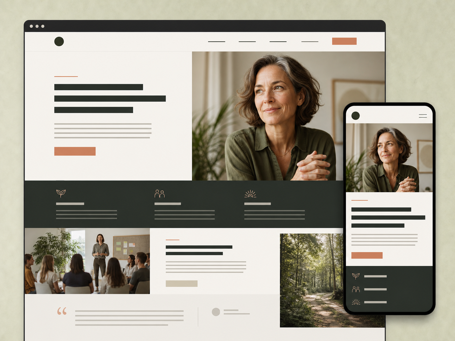 Concept website shown on desktop and mobile for an independent workshop facilitator